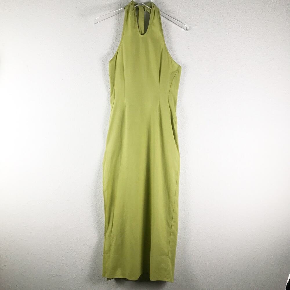 Meshki Chartreuse Linen Blend Halter Tie Neck Midi Maxi Dress Side Slit Beach XS
